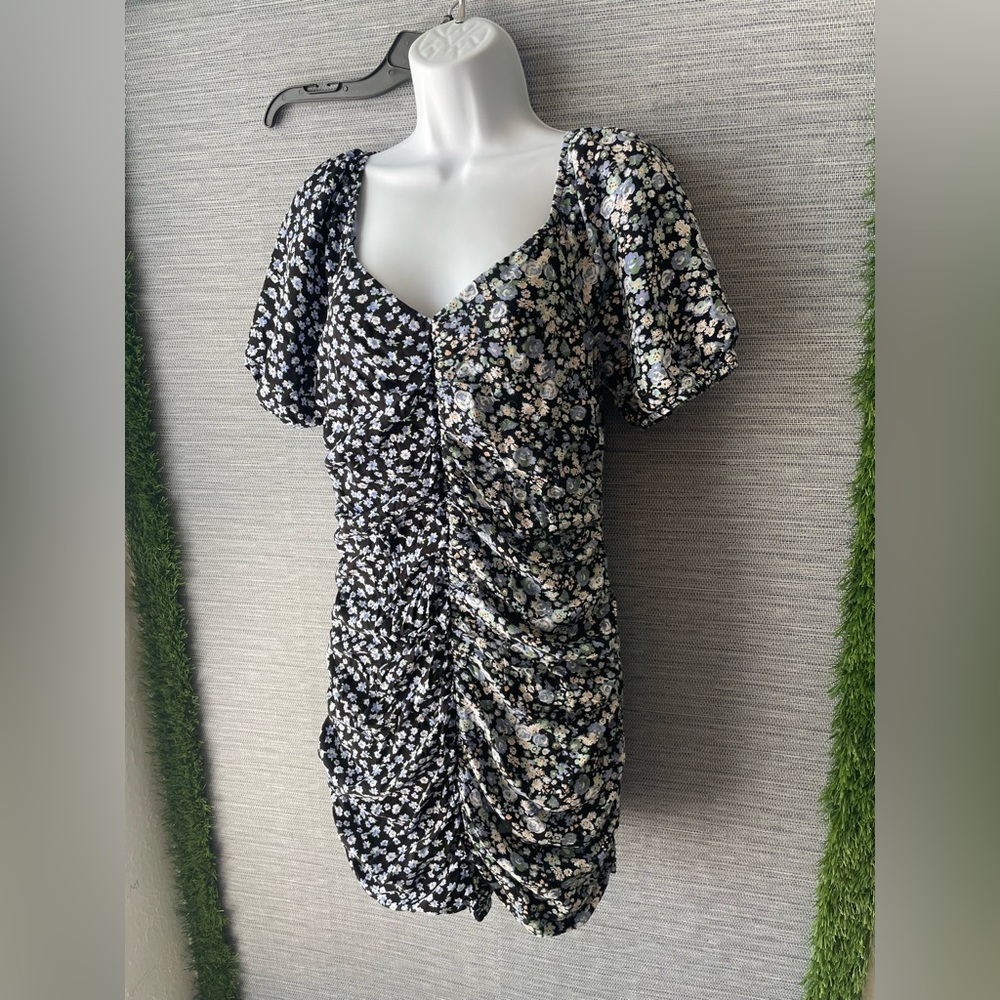 Spoiled Black Floral Ruched Puff-Sleeve Mini Dress